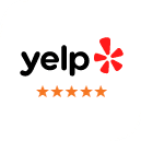 Yelp logo with five gold stars indicating excellent customer rating for Vibe Dentistry Spring