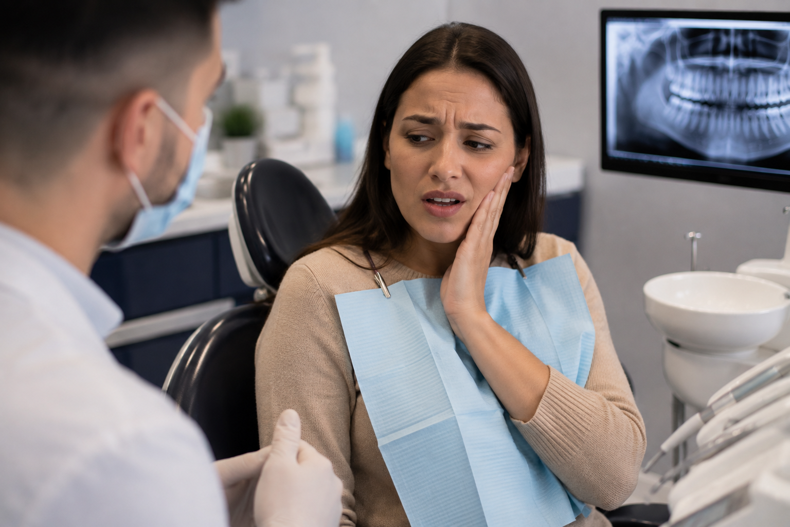 A female patient holding her cheek in discomfort, explaining to her dentist that her crown hurts when chewing.